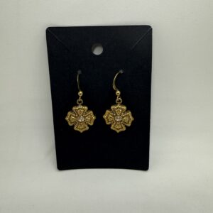 Gold Flower Earrings with Crystal Center