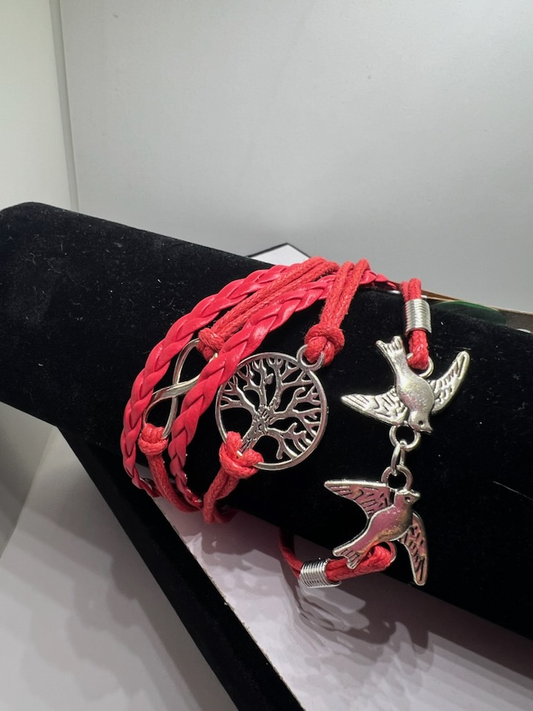 Red Braided Bracelet with Tree and Birds