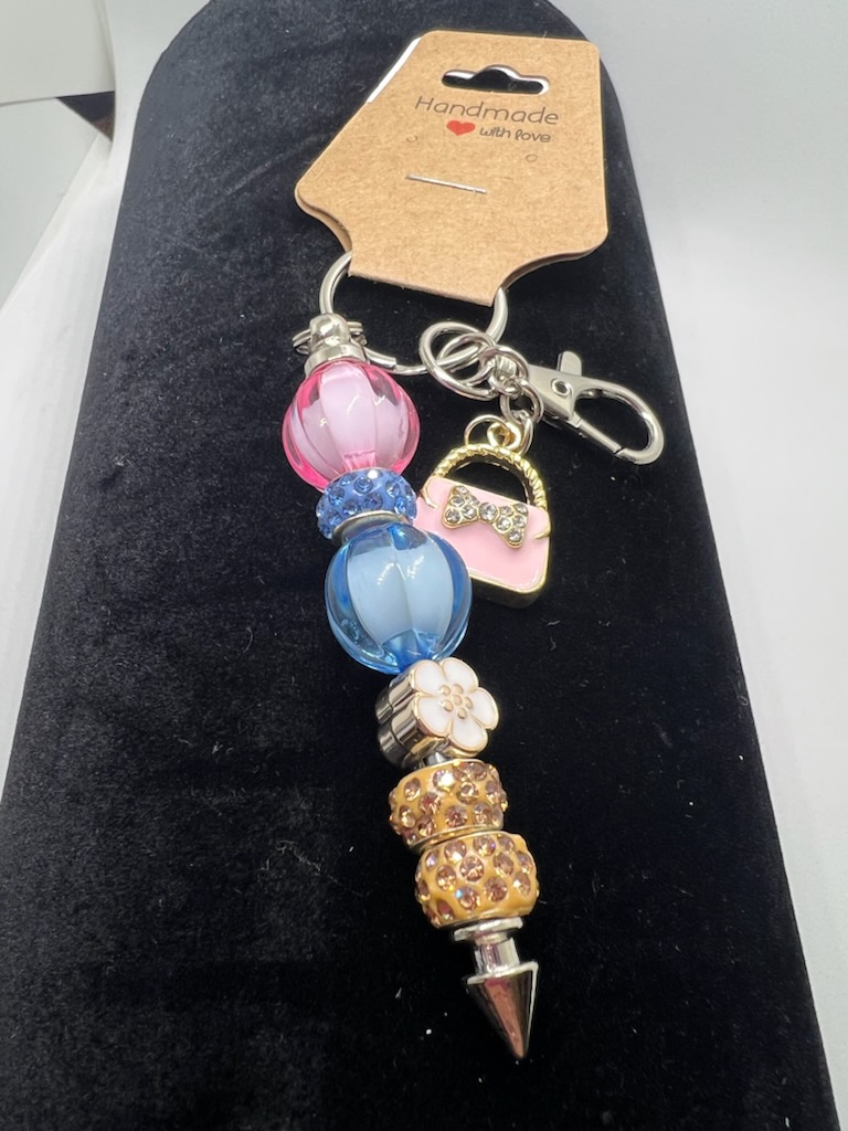 Pink and Blue Beaded Purse Keychain