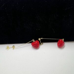 Red Crystal Heart Dangle Earrings, Gold Tone