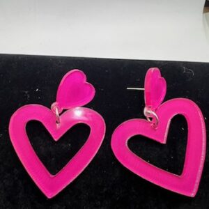 Hot Pink Acrylic Heart Dangle Earrings